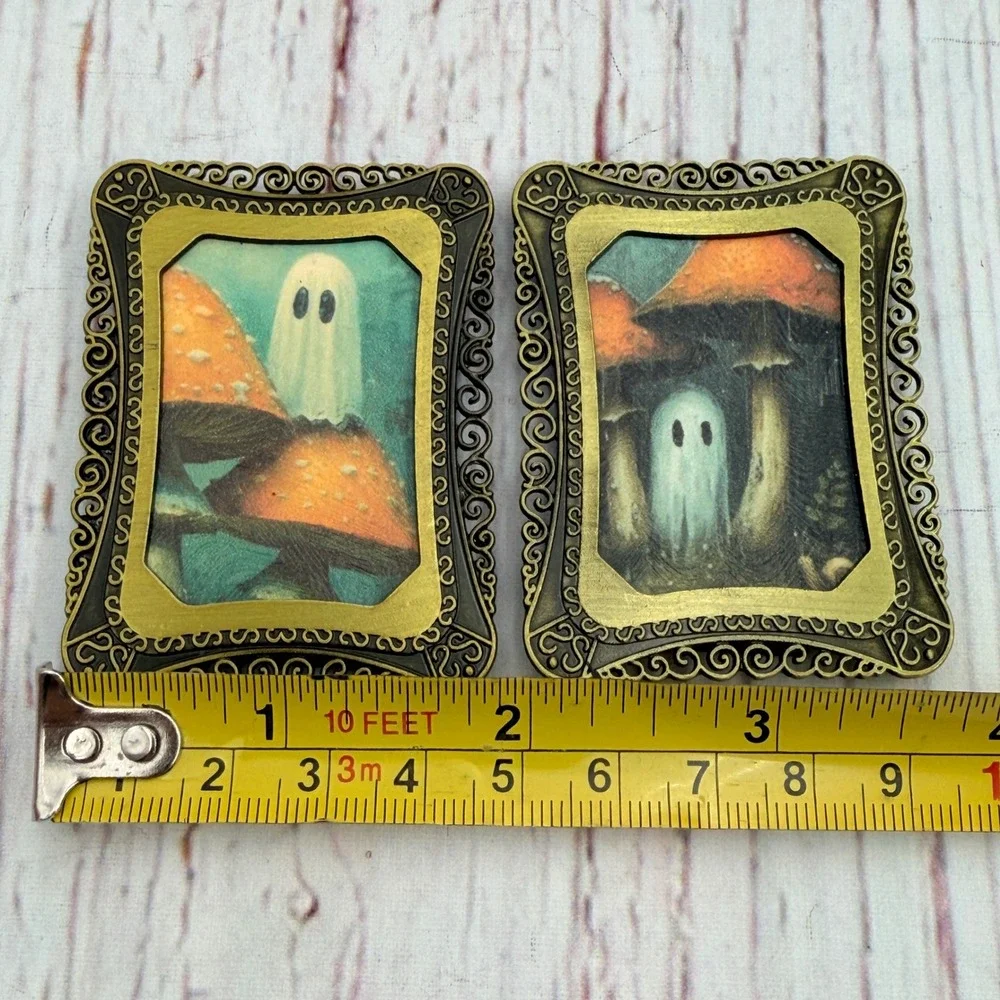 Mini Ghost Mushroom Decoupage Art Prints in Ornate Gold Tone Metal Frames Set 2